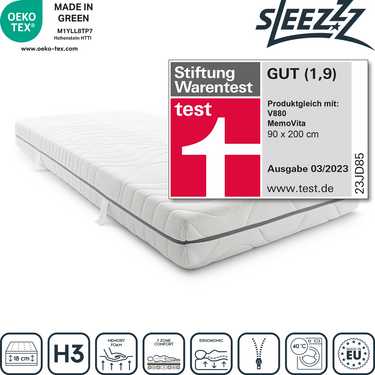 7 bölgeli viskoelastik yatak Sleezzz Smart 90 x 200 cm, yükseklik 18 cm, sertlik seviyesi H3, havalı hafızalı sünger