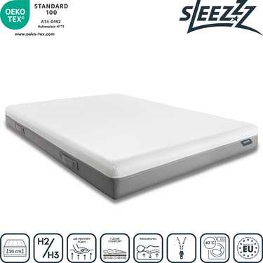 Sleezzz Premium viscoelastic mattress 180 x 200 cm, height 20 cm, firmness level H2/H3, with reversible handles + 2 x Sleezzz® Smart height-adjustable pillows