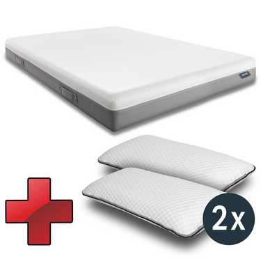 Sleezzz Premium viskoelastično ležišče 180 x 200 cm, višina 20 cm, stopnja čvrstosti H2/H3, z obojestranskimi ročaji + 2 x Sleezzz® Smart vzglavnika z nastavljivo višino